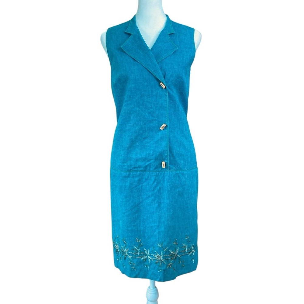 Donna Morgan Embroidered Linen Blend Button Front Sleeveless Blue Dress (Size 6)